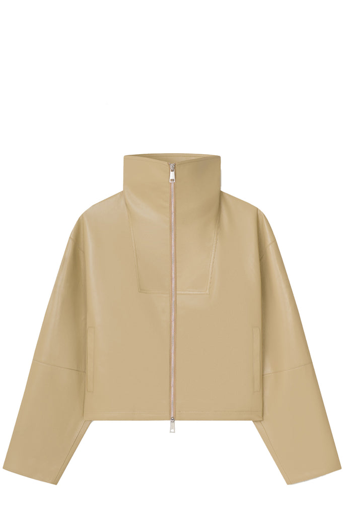 Nanushka halter neck jacket in beige with zipper, shown against a plain white background.