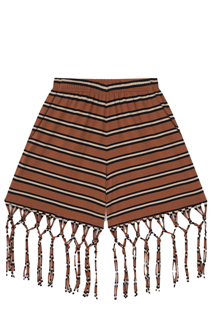 Nanushka striped short in brown, beige and black with knots, shown against a plain white background.