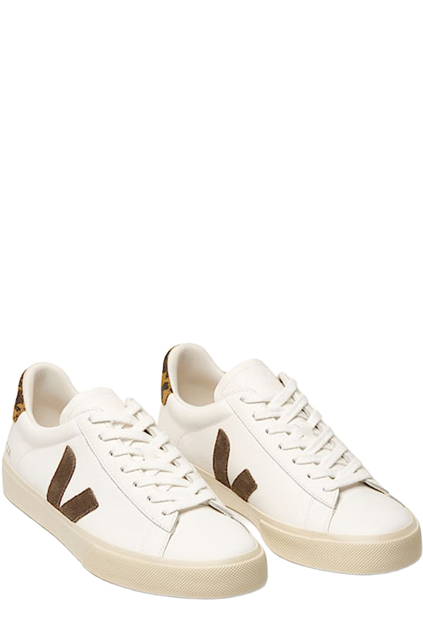 Top view pair of Veja Campo sneakers in white and brown with darker brown pattern accents, shown against a plain white background.