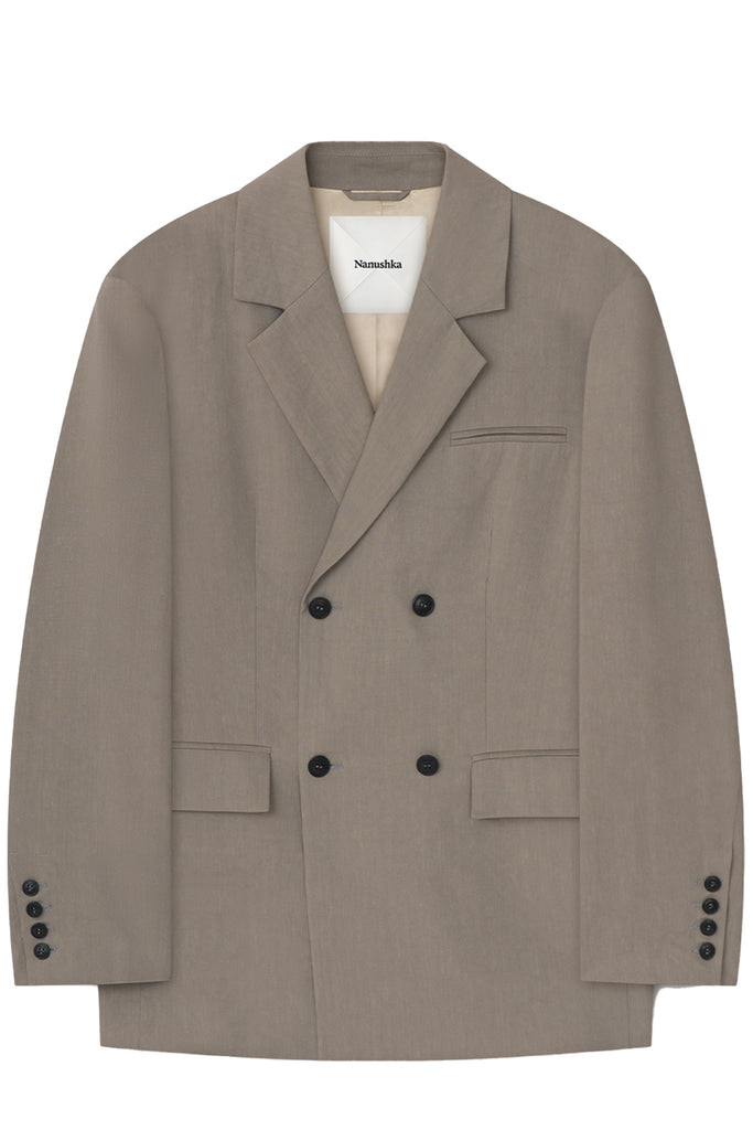 Nanushka blazer in gray with double-breast buttons, shown against a plain white background.