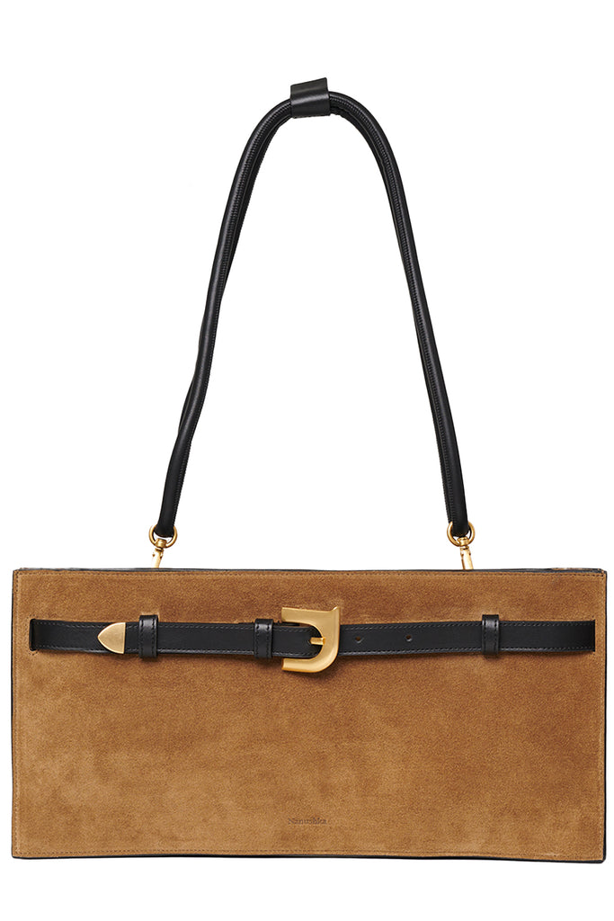 Nanushka suede handbag in brown with black strap and gold details, shown against a plain white background.