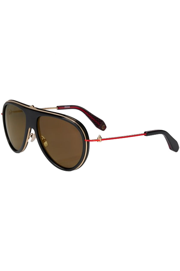 Rotated view of Christian Louboutin moto sunglasses in brown with black frame and golden spine in the middle, shown against a plaid white background.
