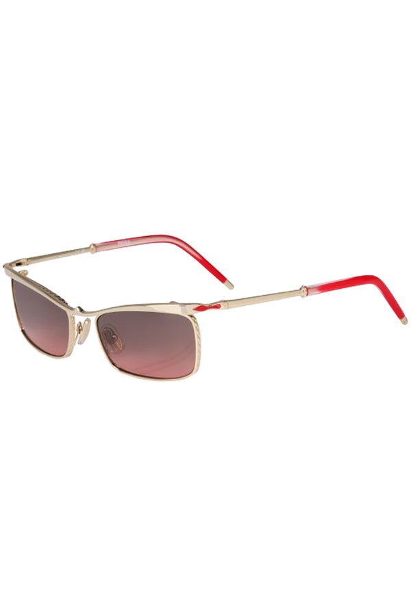 Rotated view of Christian Louboutin sunglasses in red with metal frame and red details, shown against a plaid white background.