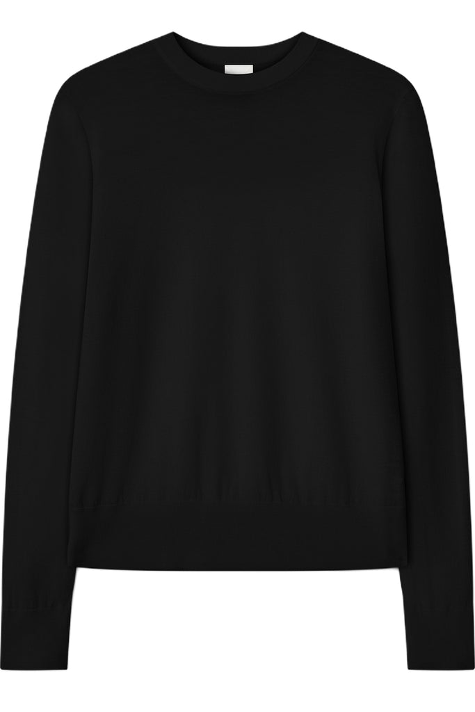 A black long-sleeve crewneck sweater displayed on a clean white background.