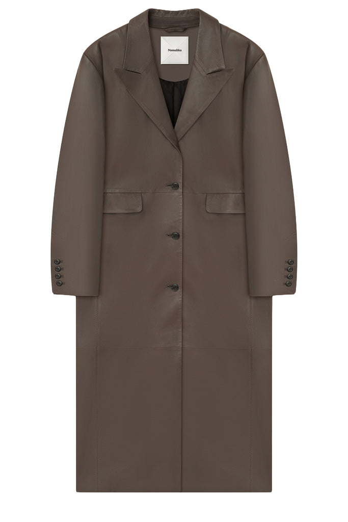 A long taupe-brown double-breasted coat with notch lapels, flap chest pockets, and buttoned cuffs, shown flat against a plain white background.