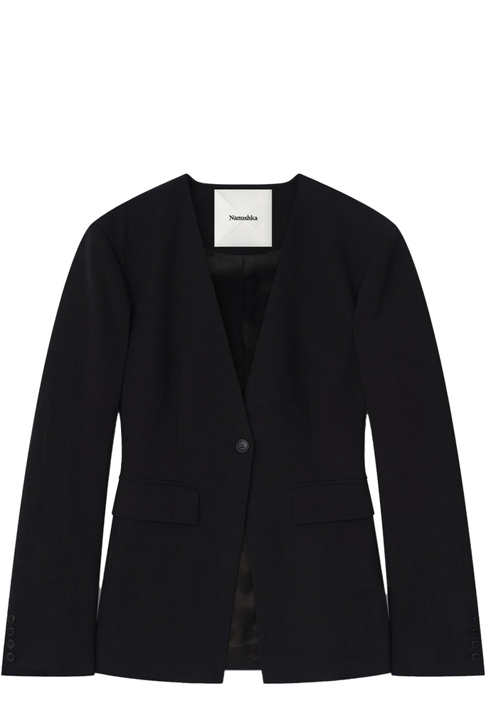Nanushka blazer in black with button, shown against a plain white background.