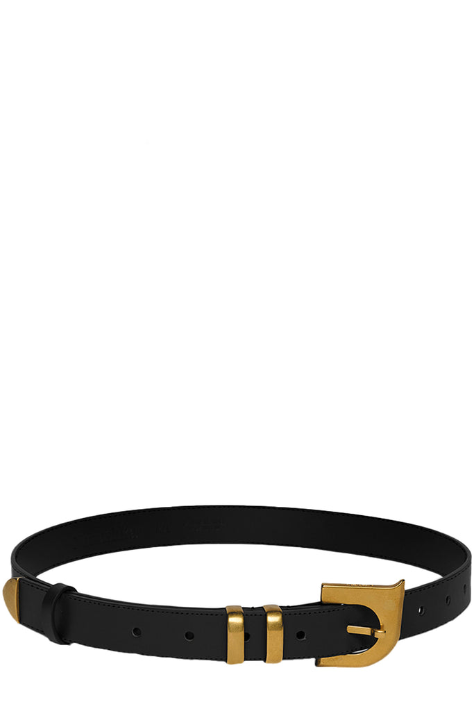 Nanushka leather belt in black with golden clasp and details, shown against a plain white background.