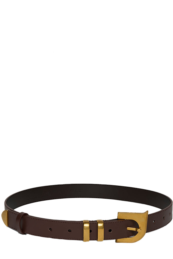 Nanushka leather belt in brown with golden clasp and details, shown against a plain white background.