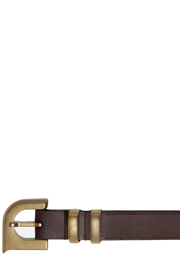 A close-up of Nanushka leather belt in brown with golden clasp and details, shown against a plain white background.