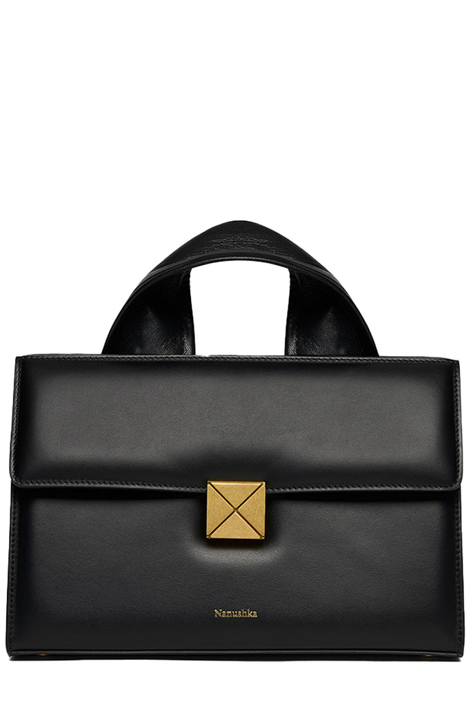 Nanushka leather handbag in black with golden clasp, shown against a plain white background.