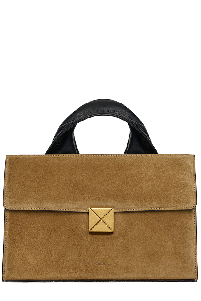 Nanushka suede handbag in brown, shown against a plain white background.