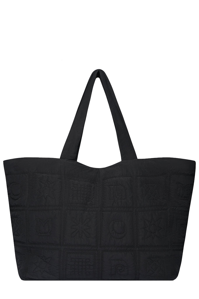 Nanushka quilted tote bag in black, shown against a plaid white background.