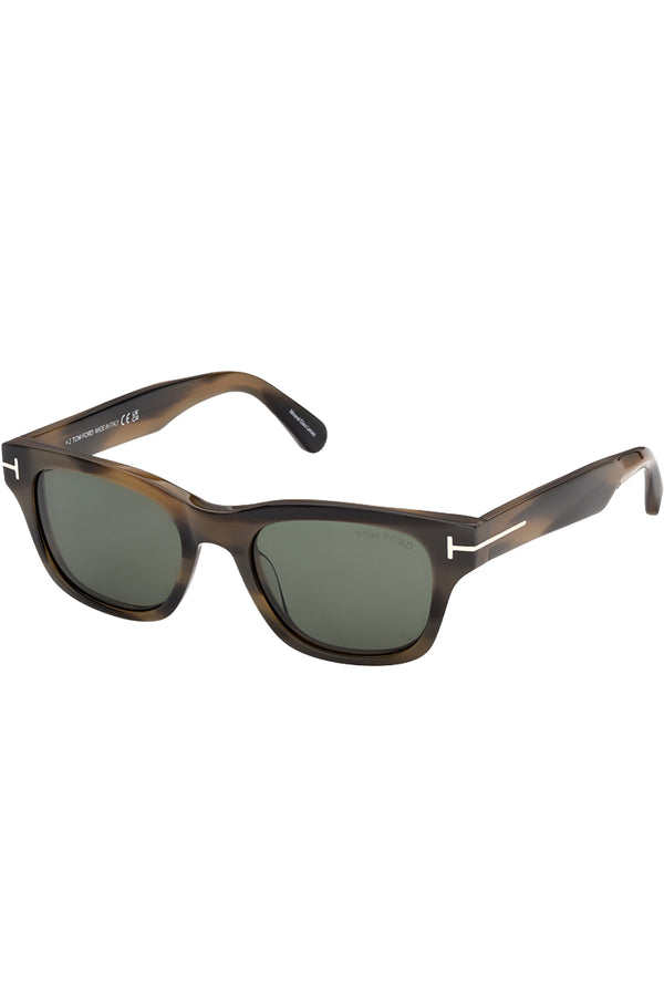 Rotated view of Tom Ford rectangular sunglasses in green with tortoise frame and metal T details, shown against a plaid white background.