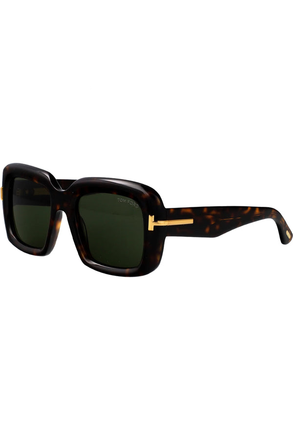 Rotated view of Tom Ford butterfly sunglasses in green with dark tortoise frame and gold T details, shown against a plaid white background.