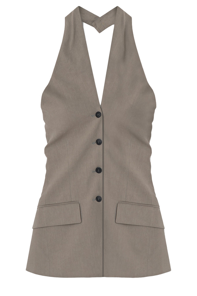 Nanushka sleeveless vest in gray with buttons, shown against a plaid white background.