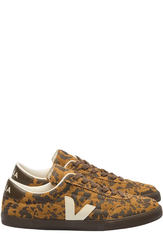 A pair of Veja sneakers in brown with darker patterns made from leather shown against a plain white background.