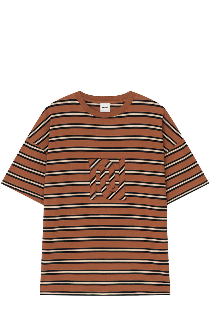 Nanushka horizontally striped T-shirt in brown, beige and black, shown against a plaid white background.