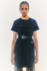 Model wearing the Vlada belted mesh and velvet dress in black color from the brand ANDERSSON BELL