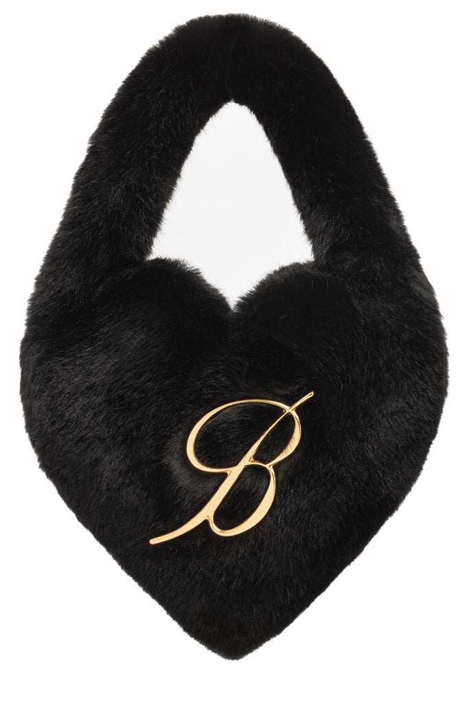The heart-shape metal logo-detail faux-fur handbag in black color from the brand BLUMARINE