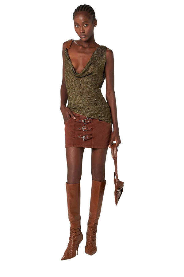 Model wearing the multi belt-detail mini skirt in camel color from the brand BLUMARINE