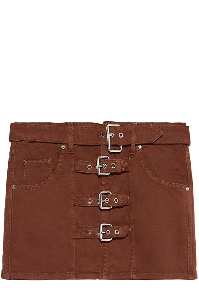 The multi belt-detail mini skirt in camel color from the brand BLUMARINE