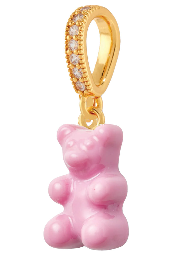 The nostalgia bear pendant with pave connector in candy pink and gold colors from the brand CRYSTAL HAZE