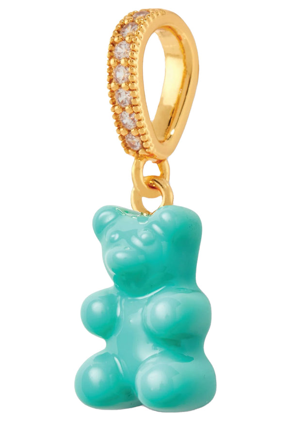 The nostalgia bear pendant with pave connector in mykonos blue and gold color from the brand CRYSTAL HAZE