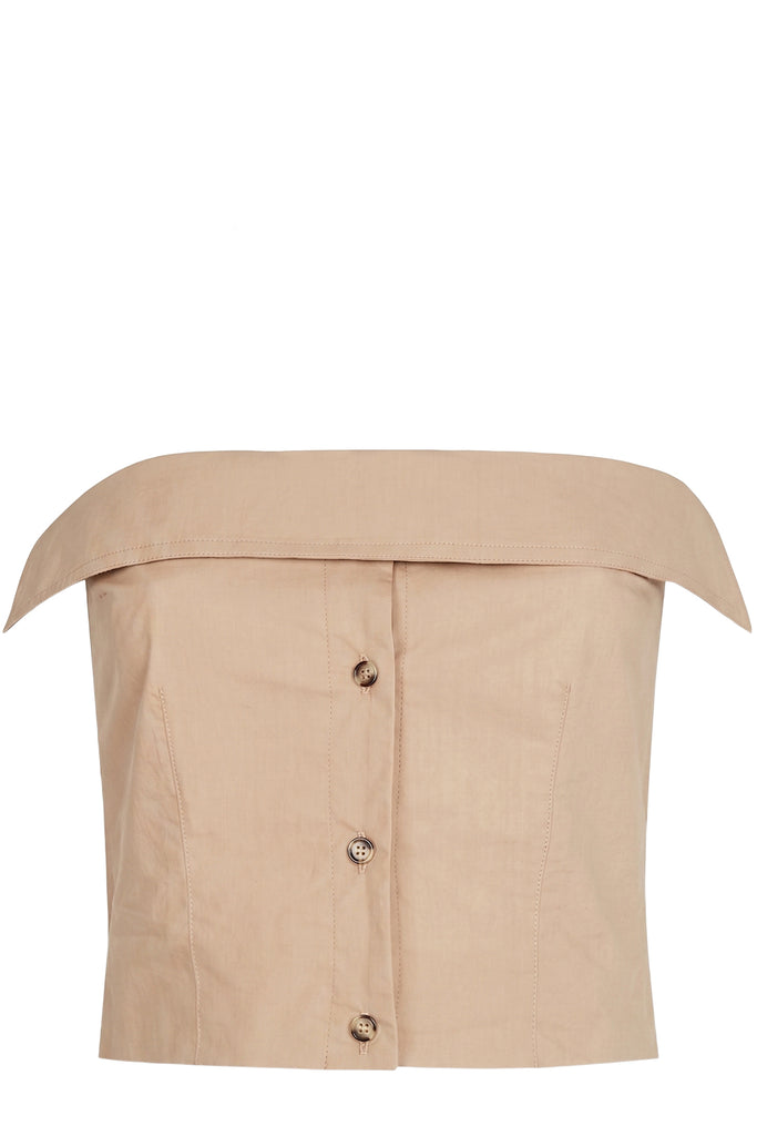 Nanushka top in beige with buttons, shown against a plain white background.