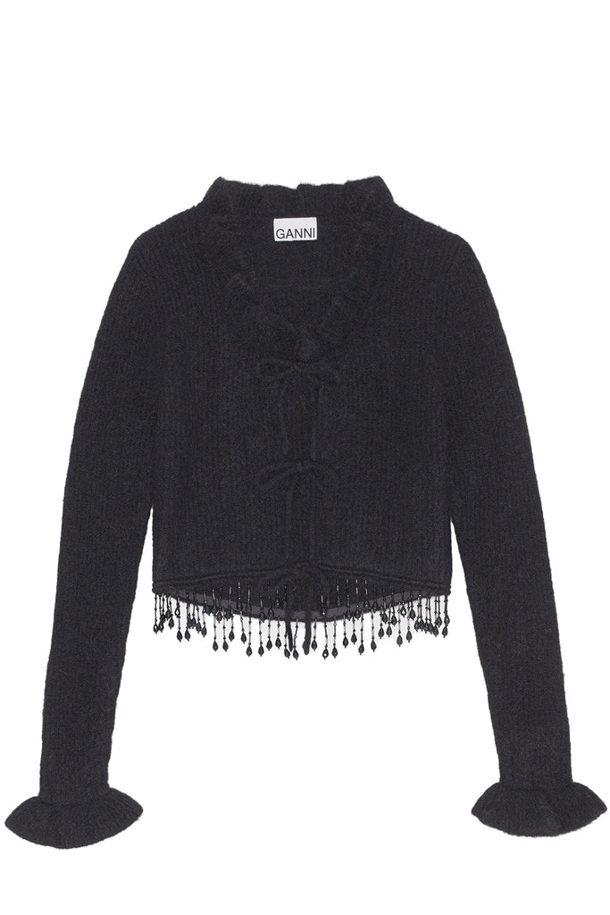 The bead-embellished knitted alpaca wool cardigan in black color from the brand GANNI.
