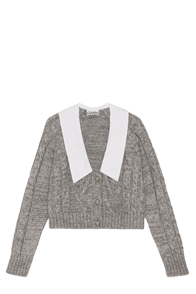 The cropped contrast-collar cable-knit cardigan in grey color from the brand GANNI.
