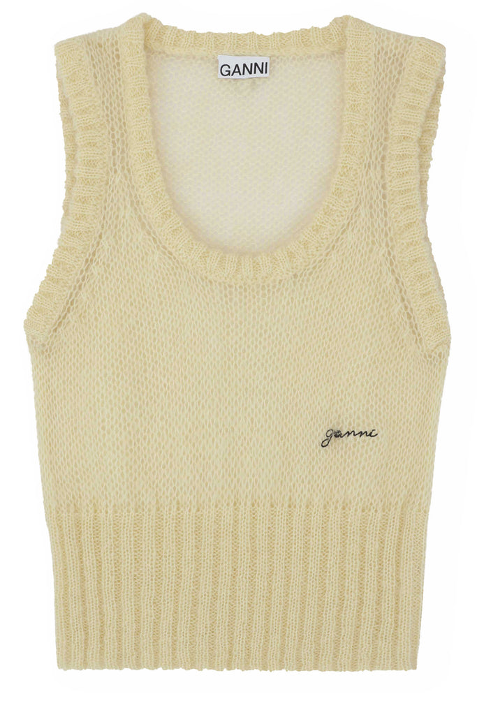 The cropped o-neck mohair-blend vest in flan color from the brand GANNI.
