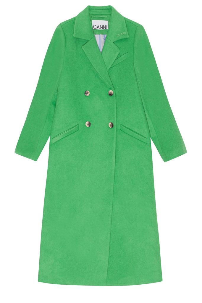 The double-breasted recycled wool coat in kelly green color from the brand GANNI.