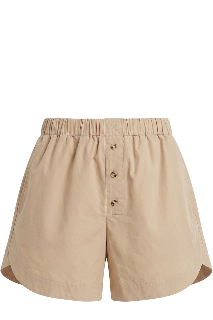 Nanushka cotton shorts in beige with buttons, shown against a plain white background.