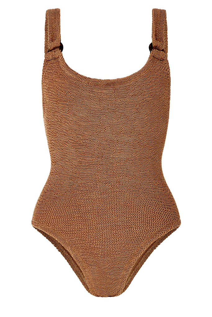 The Domino ring-detail swimsuit in metallic cocoa color from the brand HUNZA G