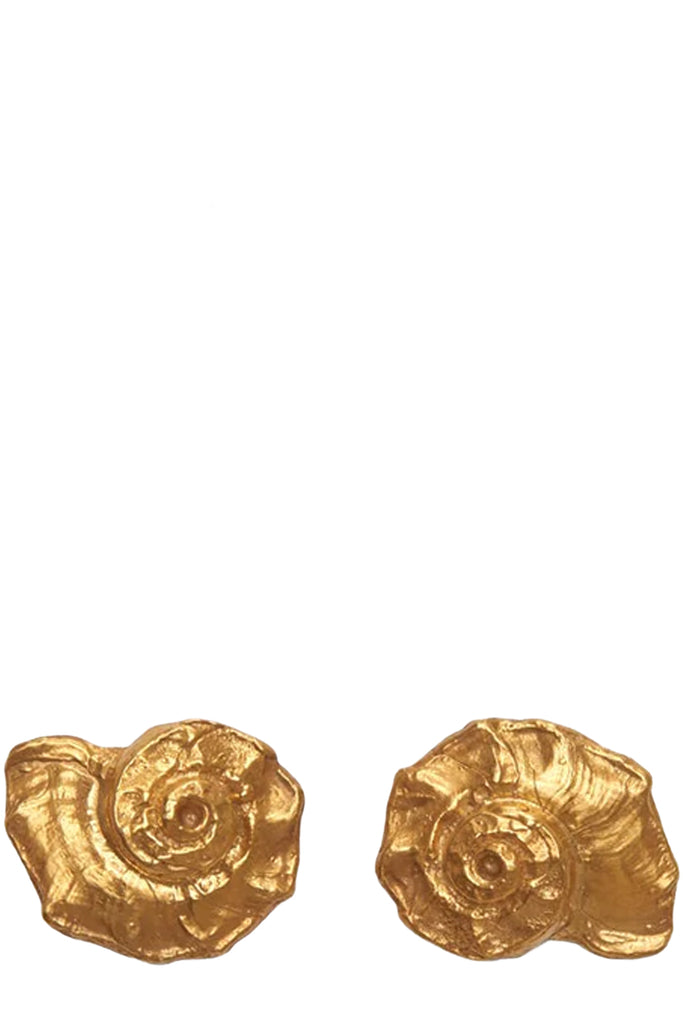 Labelled Jewellery shell-shaped earrings in gold, shown against a plaid white background.