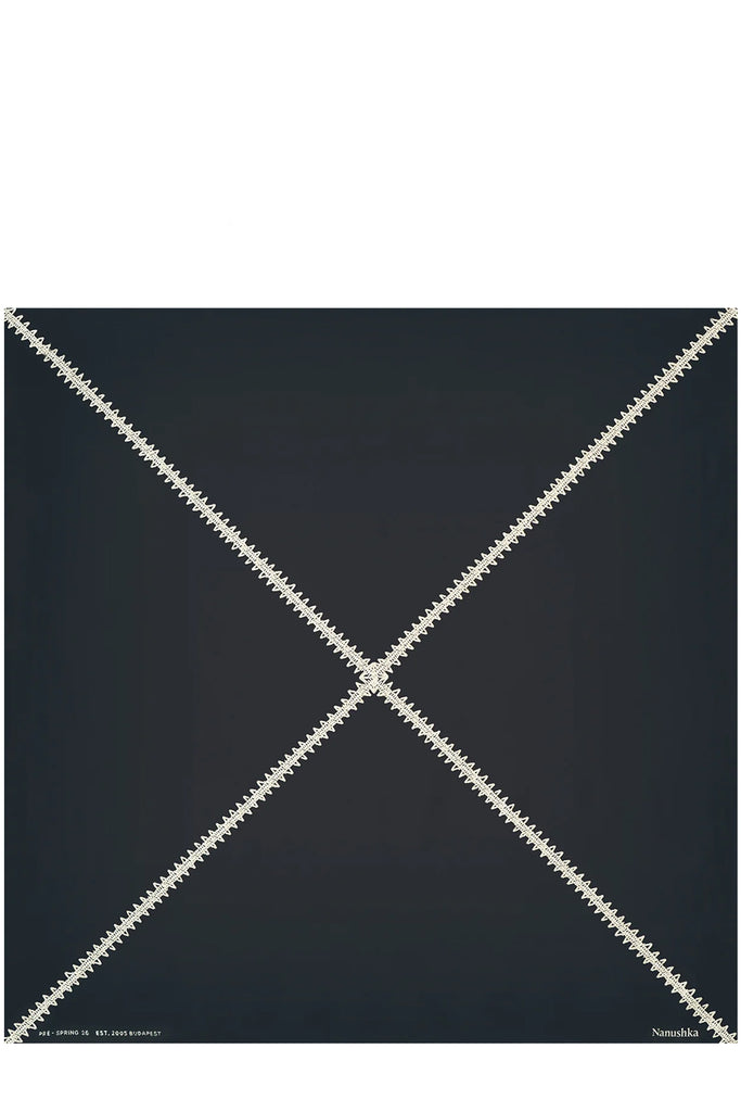 Nanushka scarf in black with four pieces sewn together, shown against a plain white background.