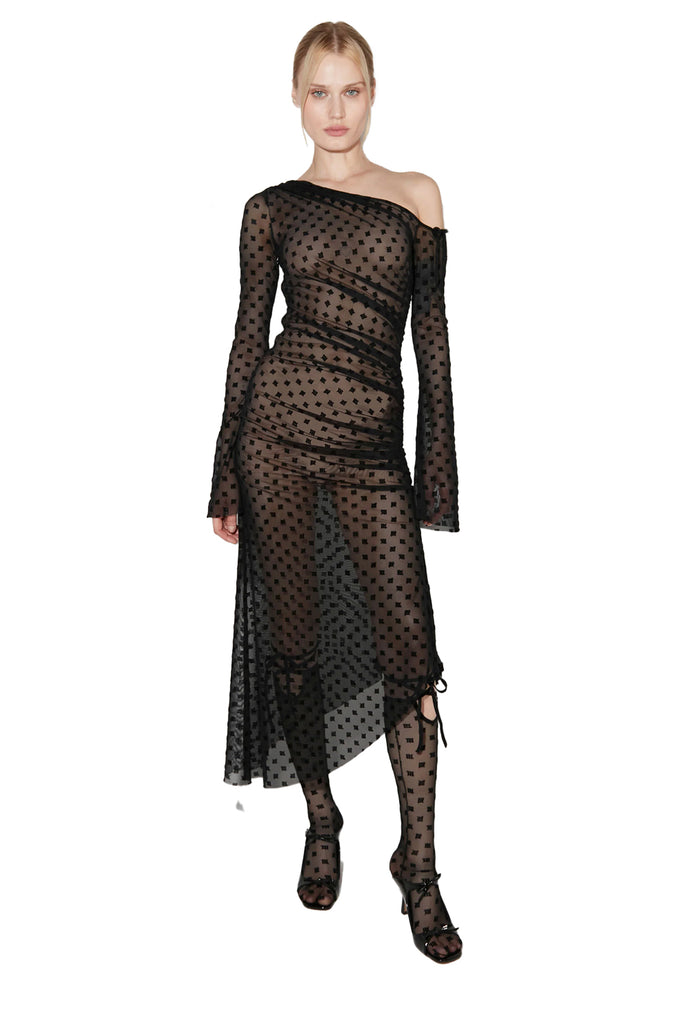 Mesh Monogram Dropped Shoulder Midi Dress