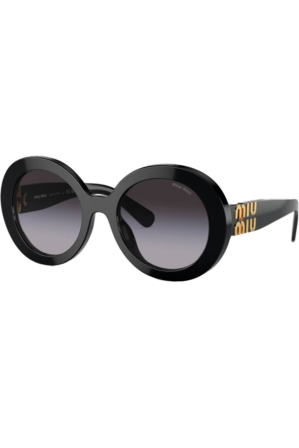 The round frame logo temple sunglasses in black and gradient grey color from the brand MIU MIU