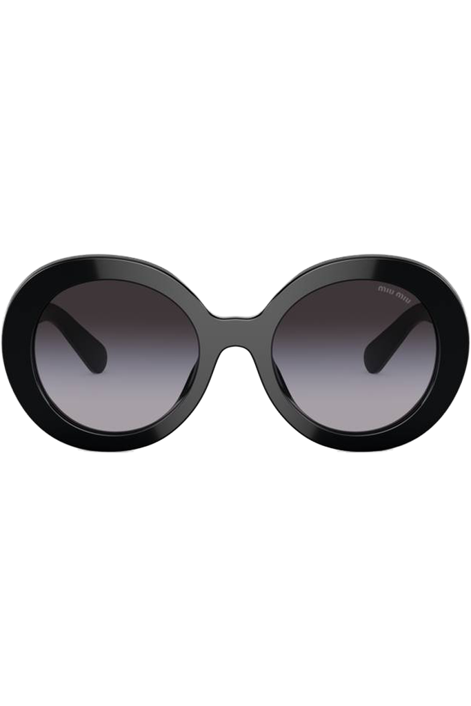 The round frame logo temple sunglasses in black and gradient grey color from the brand MIU MIU