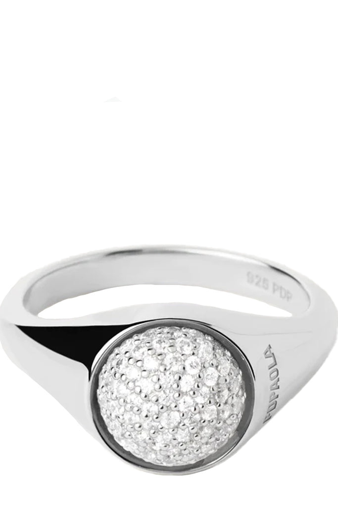 The Pavé Moon ring in silver and clear colours from the brand P D PAOLA