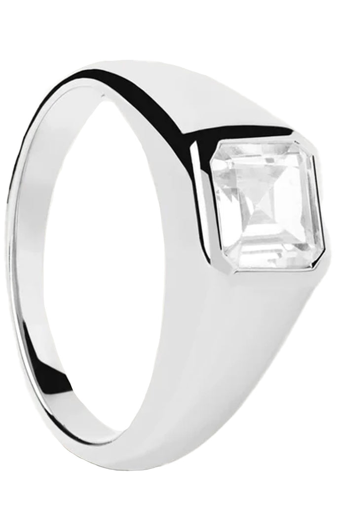 The square Shimmer stamp ring in silver and clear colors from the brand P D PAOLA