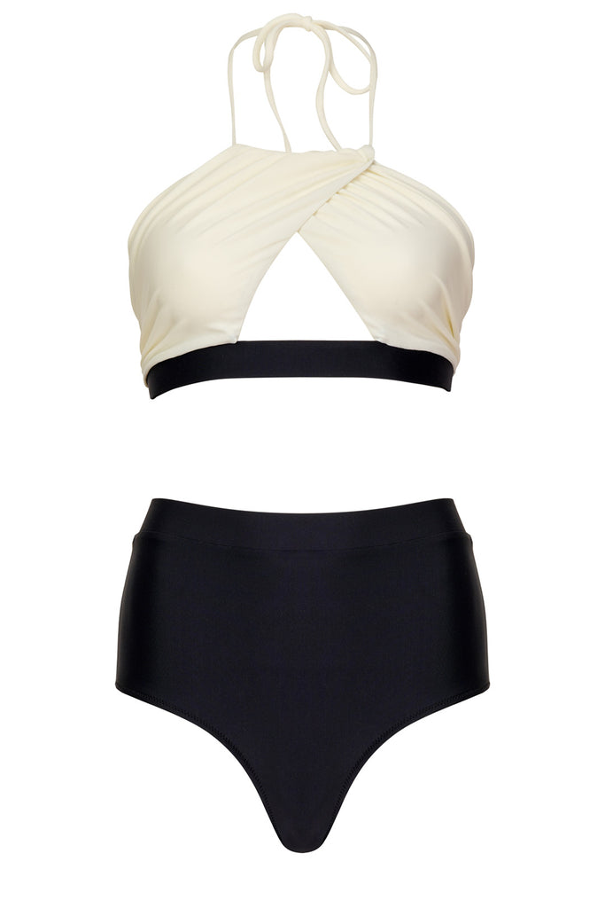 The Cara cut-out neck-tie bikini in black and white colors from the brand PELSO