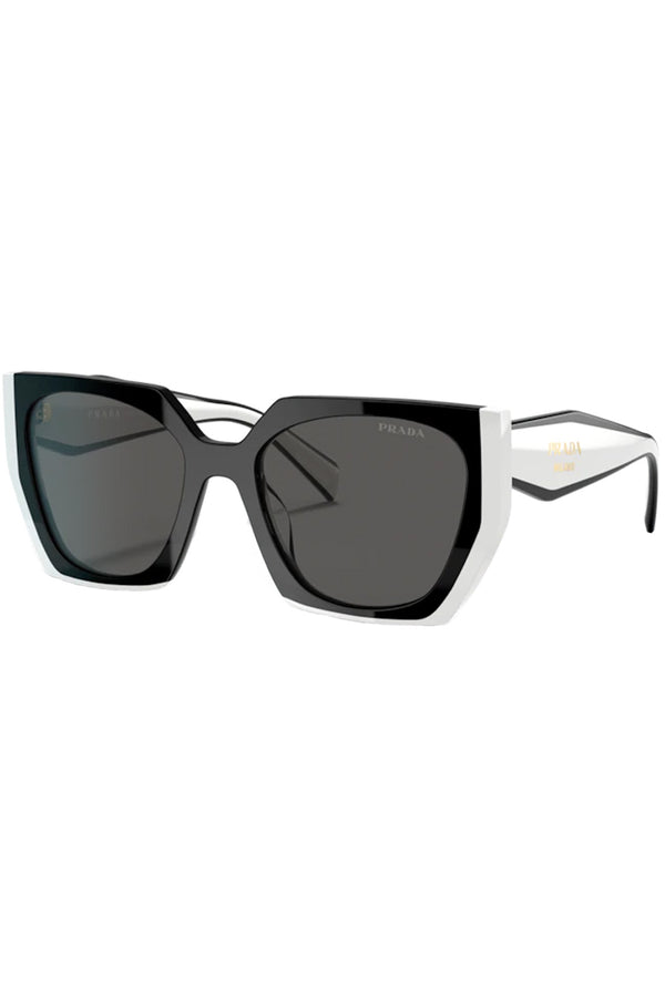 The rectangular contrast-color geometric-temple sunglasses in black and white colors with grey lenses from the brand PRADA