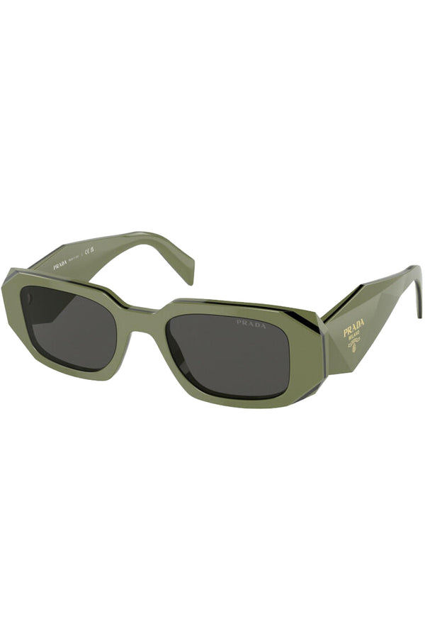 The rectangular geometric-temple sunglasses in sage green color with black lenses from the brand PRADA