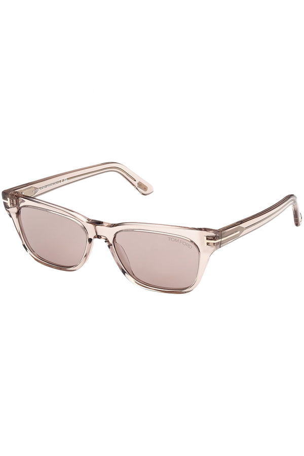 Rotated view of Tom Ford sunglasses in translucent pink, shown against a plain white background.