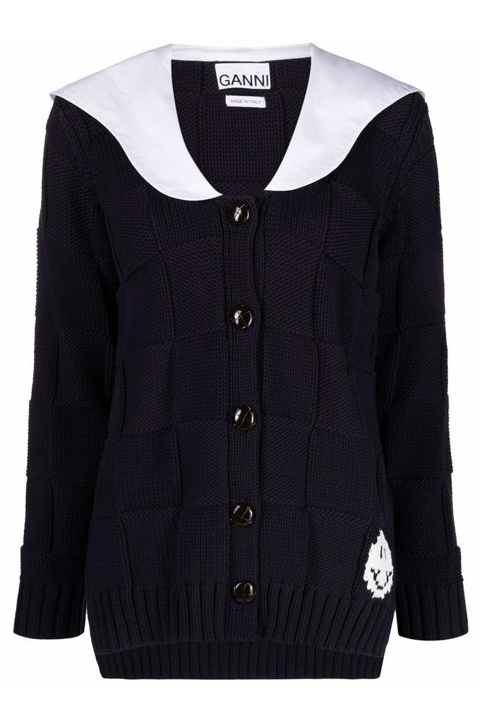 Smiley Intarsia Contrast-Collar Cardigan