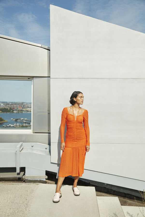 Ruched Stretch-Lace Midi Dress