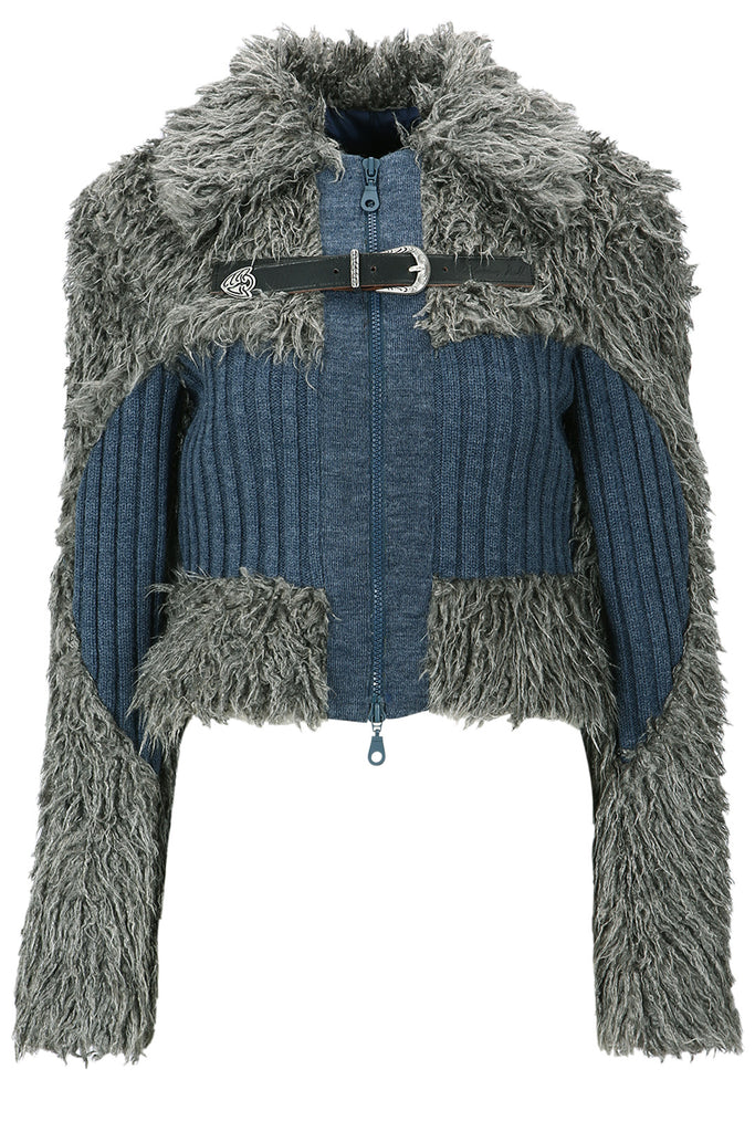 The Olga belted panelled-pattern shearling sweater in grey color from the brand ANDERSSON BELL