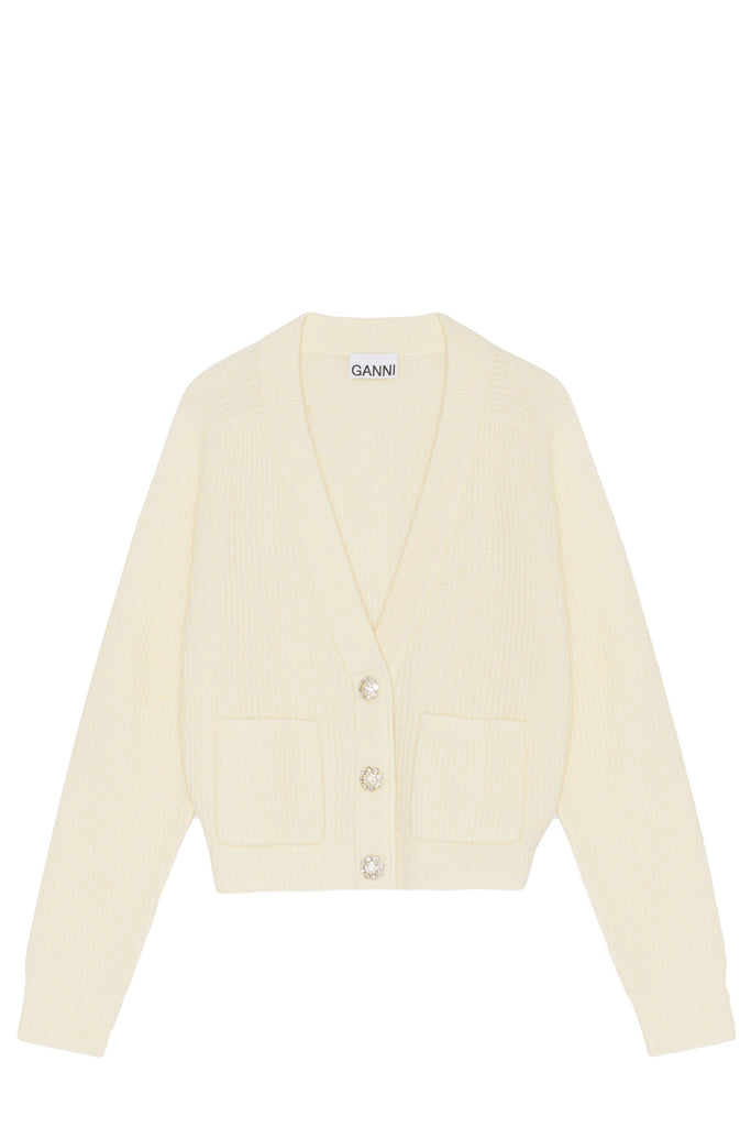 The embellished-button kitted wool cardigan in alabaster gleam color from the brand GANNI.
