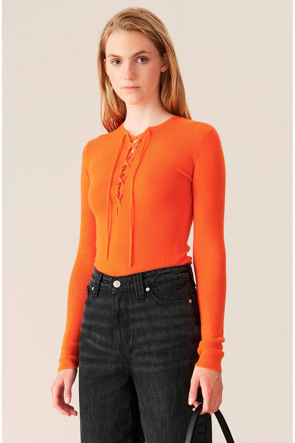 ganni fitted merino wool blouse flame